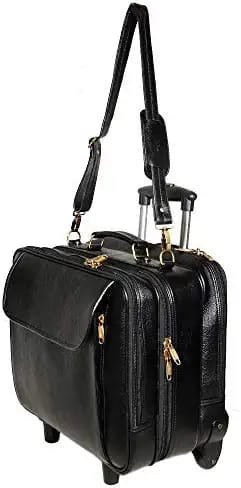 Louis Denis Leather Accessories 42 Ltrs Black Leather Pilot Laptop Cases Cabin Trolley Bags for Men Luggage with 1 Wheels 45 cm