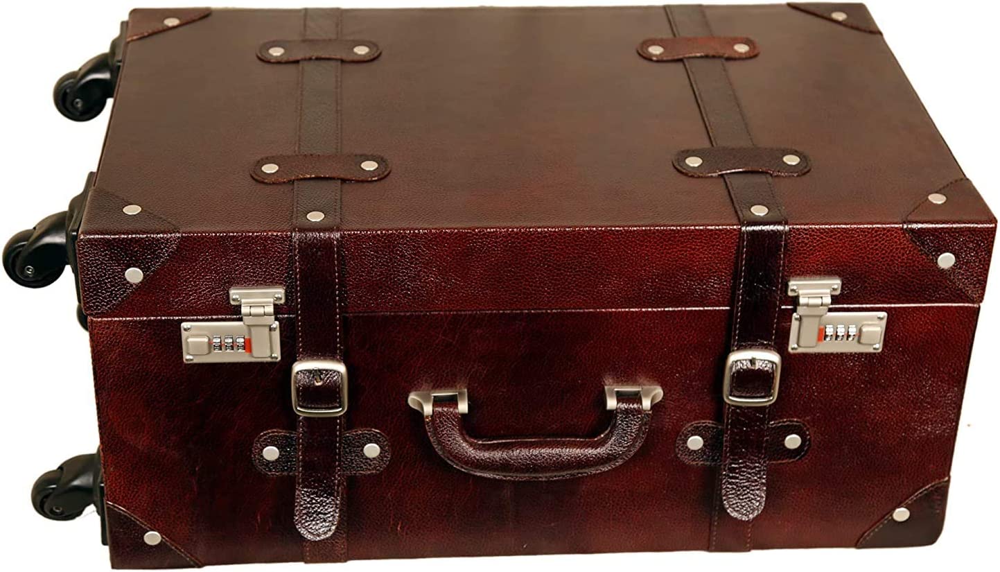 Louis Denis Leather Vintage Suitcase Retro Leather Trunk Rolling Lightweight Luggage