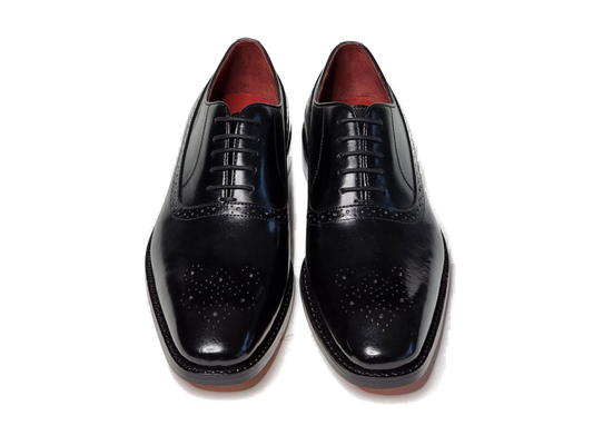 100% Hand Crafted Black shiny brogue detailing Oxford shoes