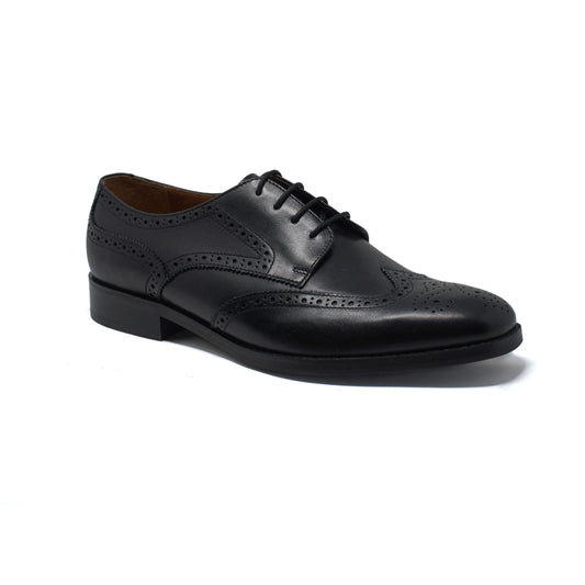 Black Leather Derby Shoes With Brogue Detailing